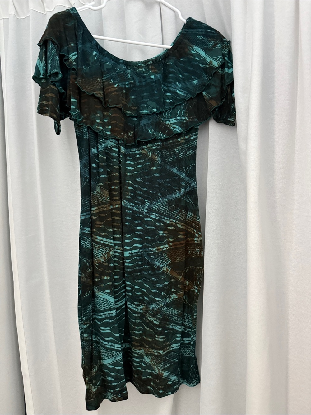 Off-Shoulder Teal Patterned Ruffle Dress Missing Polynesia - Picture 2 of 3